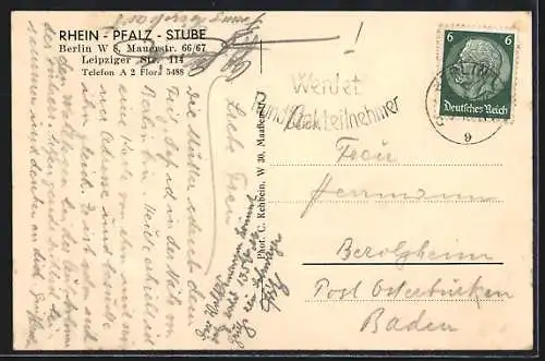 AK Berlin, Rhein-Pfalz-Stube, Innenansicht, Mauerstrasse 66 /67