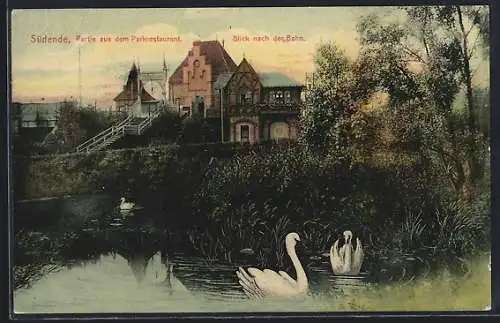 AK Südende, Park-Restaurant Paresü, Blick zum Bahnhof Südende