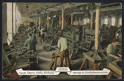 AK Leipzig, Maschinenfabrik Karl Krause, Montage der Schnellschneidemaschinen, Fabrikarbeiter