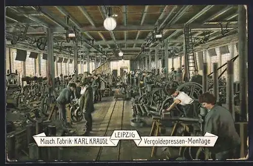 AK Leipzig, Maschinenfabrik Karl Krause, Vergoldepressen-Montage, Fabrikarbeiter
