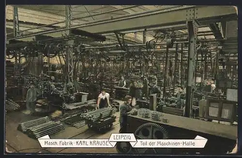 AK Leipzig, Maschinenfabrik Karl Krause, Teil der Maschinen-Halle, Fabrikarbeiter