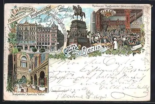 Vorläufer-Lithographie Berlin, 1895, Restaurant Hopfenblüte, Inh. F. H. Rieprich, Unter den Linden 27