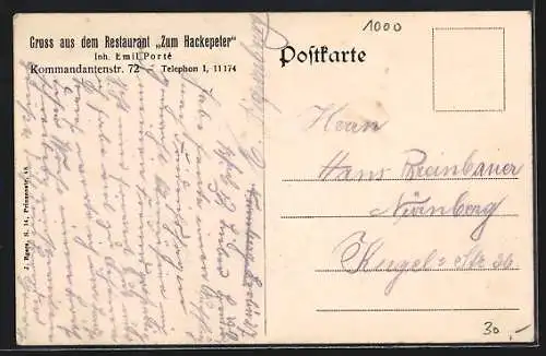 AK Berlin, Restaurant zum Hackepeter, Inh. Emil Porté, Kommandantenstrasse 72