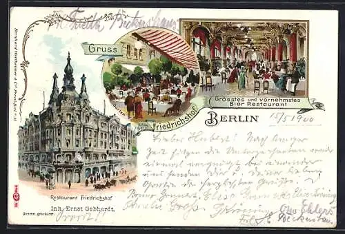 Lithographie Berlin, Restaurant Friedrichshof, Aussen - und Innenansichten, Friedrichstrasse