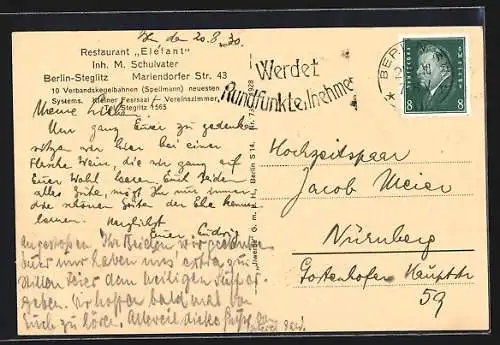 AK Berlin-Steglitz, Restaurant Elefant, Inh. M. Schulvater, Mariendorfer Strasse 43