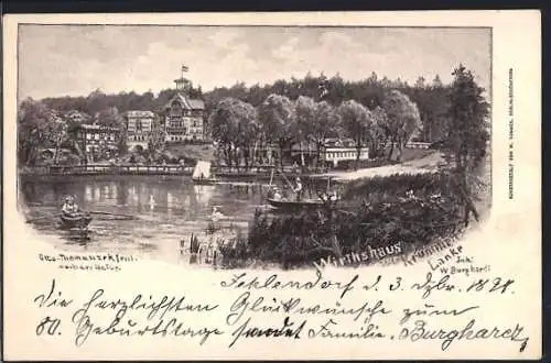 Künstler-AK Berlin-Zehlendorf, Gasthaus zur Krummen Lanke, Inh. W. Burghardt