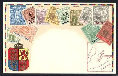 AK Mauritius, Briefmarken und Wappen, Landkarte