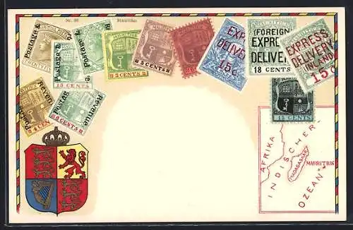 AK Madagaskar, bunte Briefmarken des Landes, Wappen und Landkarte