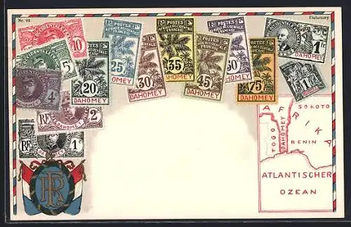 AK Benin /Dahomey, Briefmarken mit Landkarte & Wappen