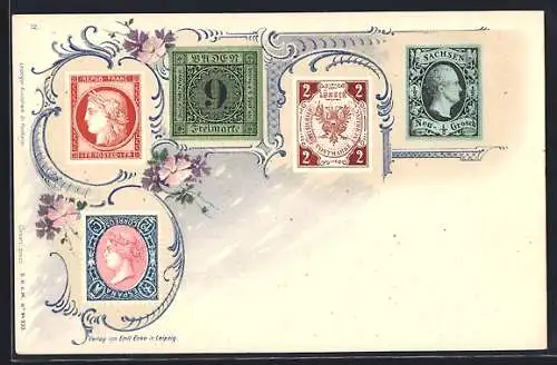 Lithographie Briefmarken Frankreichs, Lübecks, Sachsens & Spaniens