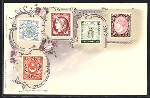 Lithographie Briefmarken aus Schweden, Spanien, Napoli & Frankreich
