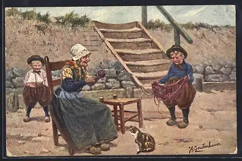 Künstler-AK Johan Georg Gerstenhauer: Alte Dame und zwei Burschen mit Garn
