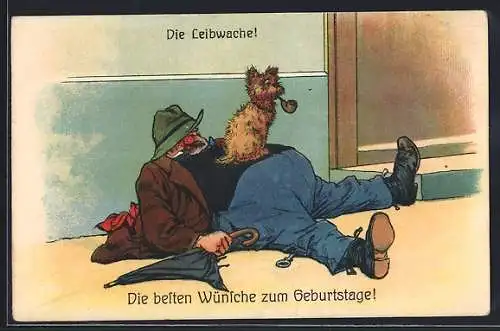 AK Trinker vor der Haustür mit Leibwache, Hund auf dem Bauch mit Pfeife