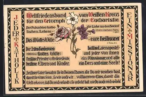 AK Sinnspruch: Jeder Katholik ein Missionar. Welfriedensbund vom Weissen Kreuz f. d. Triumph der Eucharistie