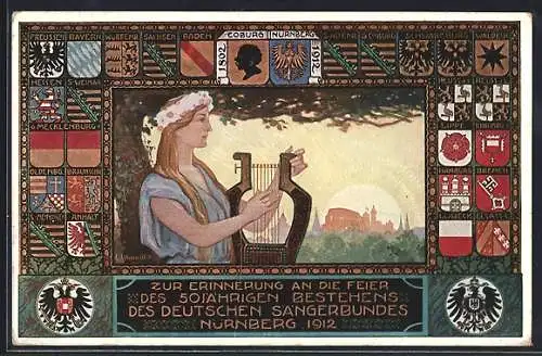 AK Nürnberg, Achtes Deutsches Sängerbundesfest 1912, Frau mit Harfe, Wappen der Teilnehmer