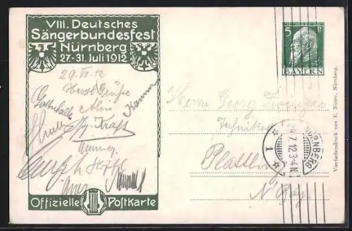 AK Nürnberg, Achtes Deutsches Sängerbundesfest 1912, Frau mit Harfe, Wappen der Teilnehmer