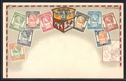 AK Siam, Briefmarken verschiedener Werte, Wappentier Elefant, Landkarte der Region