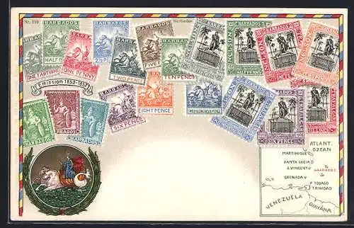 AK Barbados, Briefmarken, Wappen mit Neptun
