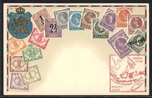 AK Indonesien, Wappen & versch. Briefmarken