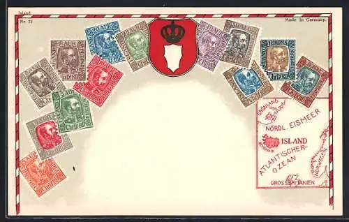 AK Island, Viele Briefmarken, Wappen mit Krone, Landkarte