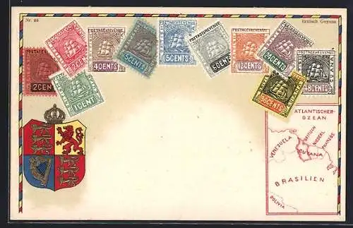 AK Britisch Guyana, Landkarte mit Brasilien, Bolivia und Venezuela, Briefmarken und Wappen