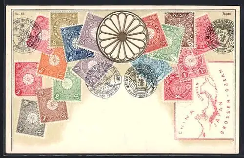 AK Japan, japanische Briefmarken mit Stempel, Landkarte mit Japan, China, Sibirien und Korea, Wappen
