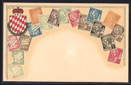 AK Monaco, Briefmarken und Wappen mit Krone