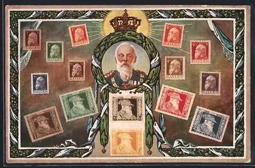 AK Portrait Prinzregent Luitpold in Uniform, Briefmarken aus Bayern