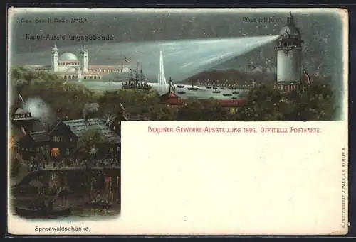 Lithographie Berlin, Gewerbe-Ausstellung 1896, Spreewaldschänke, Haupt-Ausstellungsgebäude, Wasserturm