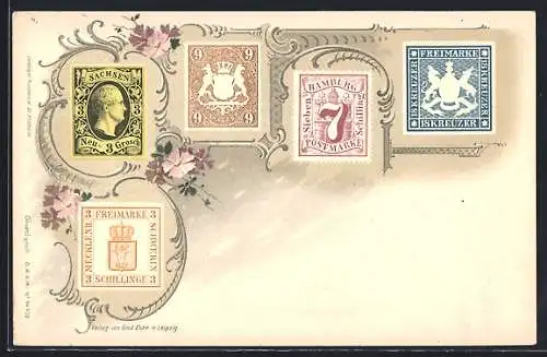 Lithographie Briefmarken aus Sachsen, Bayern, Hamburg und Mecklenburg-Schwerin