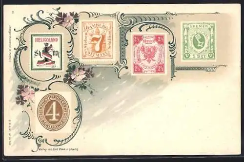 Lithographie Briefmarken von Helholand, Hamburg, Lübeck, Bremen und Schleswig