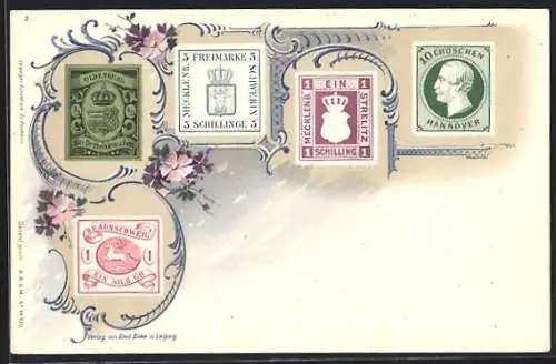 Lithographie Briefmarken von Braunschweig, Oldenburg, Hannover, Strelitz, Mecklenburg Schwerin