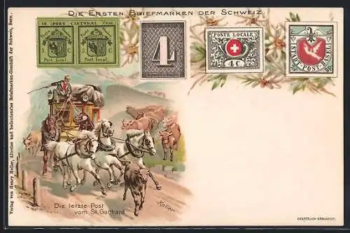 Lithographie Postkutsche sprintet an Kühen vorbei, die ersten Briefmarken der Schweiz