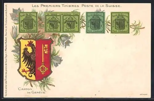 AK Les Premiers Timbres Poste de la Suisse, die ersten briefmarken der Schweiz, Canton de Genève, Wappen d. Kantons Genf