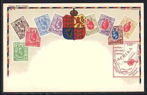 AK Südafrika, Briefmarken und Wappen, Landkarte