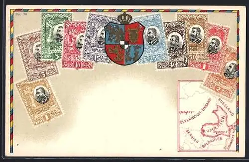 AK Rumänien, Briefmarken mit Wappen und Landkarte