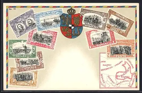AK Rumänische Briefmarken und Wappen, Landkarte