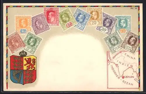 AK Ceylon, Briefmarken und Wappen, Landkarte