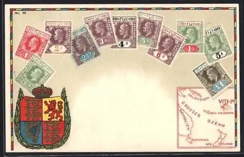 AK Briefmarken und Wappen Fiji, Krone, Landkarte