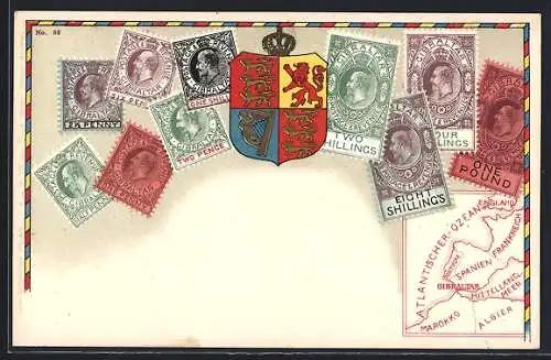 AK Briefmarken aus Gibraltar, Landkarte unten