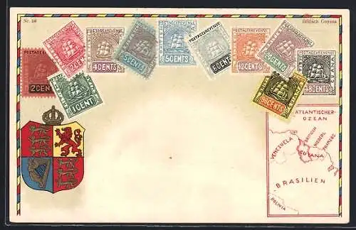AK Britisch Guyana, Landkarte mit Brasilien, Bolivia und Venezuela, Briefmarken und Wappen