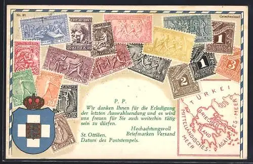 AK Griechenland, Briefmarken und Wappen mit Krone, Landkarte