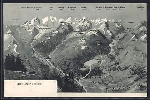AK Samaden, Ortspanorama mit St. Moritz, Alp Laret, Bergeli, Piz Roseg, Piz Palü