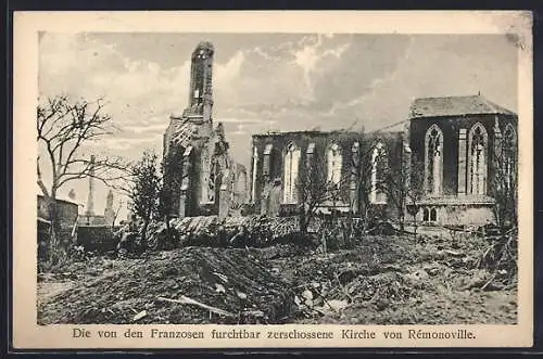 AK Rémonoville, Die von den Franzosen zerschossene Kirche