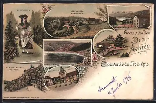 Lithographie Türkheim, Altes Thor, Elsässerin in Tracht, Drei Aehren und Schlucht mit Villa Hartmann