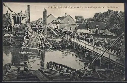 AK Pontoise, zerstörte Hängebrücke u. Notbrücke, deutsche Kavalleristen