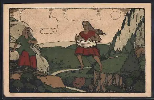 Steindruck-AK Harzgerode-Mägdesprung, Die Sage vom Mägdesprung, Riesin springt über das Selketal