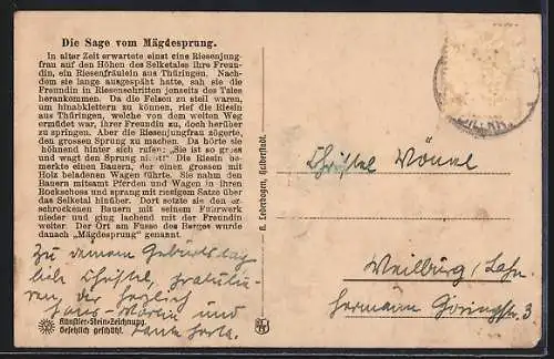 Steindruck-AK Harzgerode-Mägdesprung, Die Sage vom Mägdesprung, Riesin springt über das Selketal