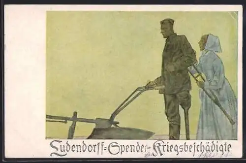 Künstler-AK Ludendorff-Spende für Kriegsbeschädigte, verwundeter Soldat auf Krücken