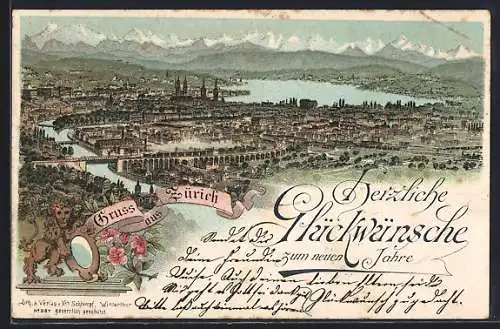 Lithographie Zürich, Ortsansicht aus der Vogelschau